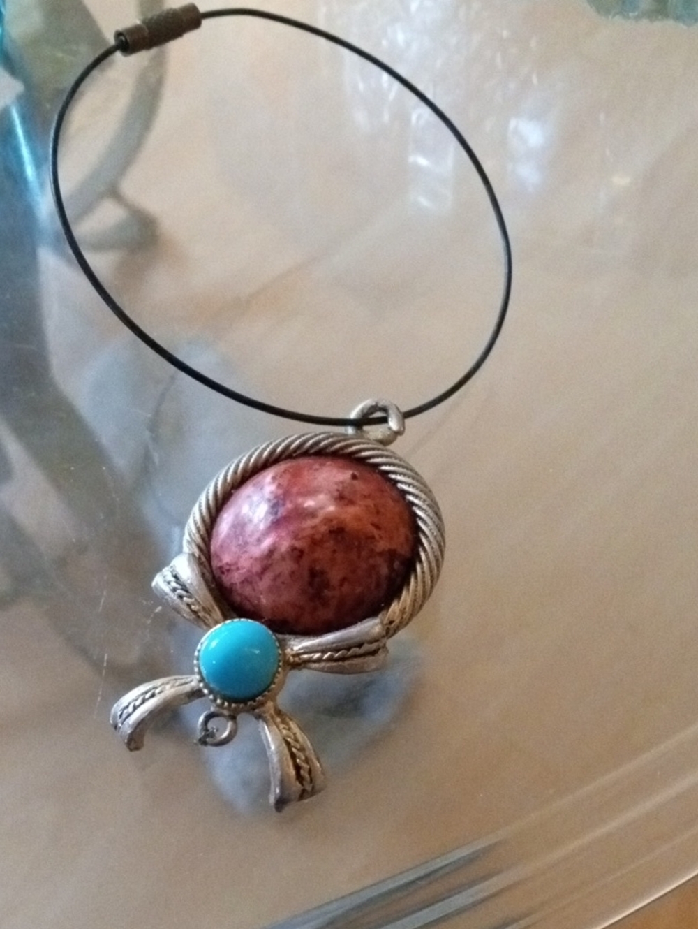 Silver-tone Pendant Bracelet with Pink Stone and Turquoise Accent